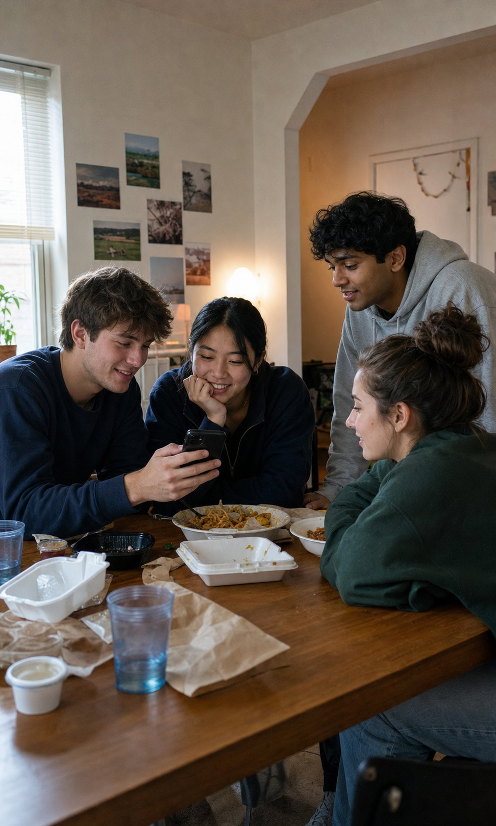 Four college friends sharing takeout over dinner