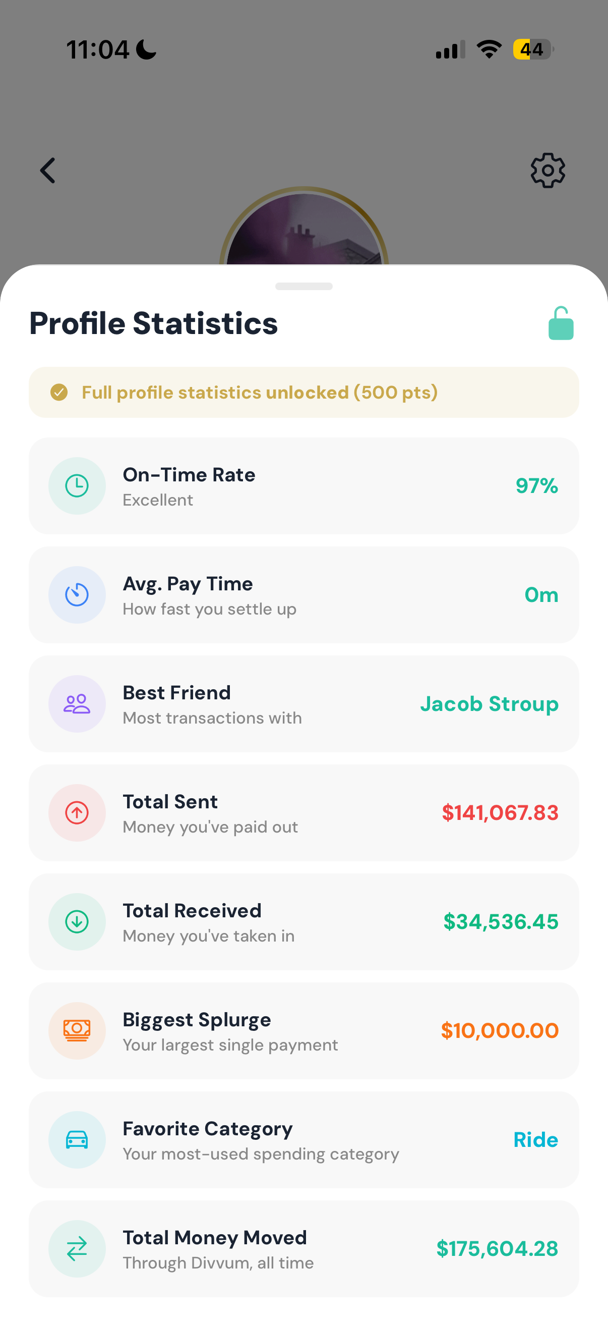 Divvum profile statistics screen